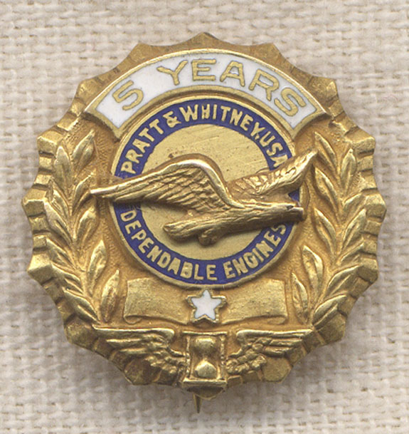 Scarce WWII 14K Gold Pratt & Whitney Aircraft 5 Years of Service Pin ...