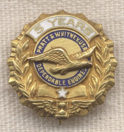 Scarce WWII 14K Gold Pratt & Whitney Aircraft 5 Years of Service Pin