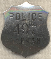 Early 1900's New York, New Haven & Hartford (NYNH&H) Railroad Police Badge #497