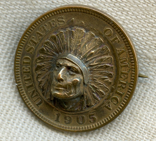 Beautiful 1905 Pop Out Indian Head Penny Badge. Scarce with