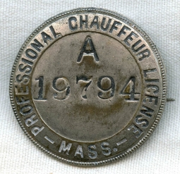 Circa 1908 Massachusetts Professional Chauffeur License Badge