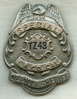 Beautiful 1910's Los Angeles County Special Deputy Sheriff Badge in Exceptional Condition