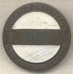 Very Rare 1912 New Hampshire Chauffeur Badge #85