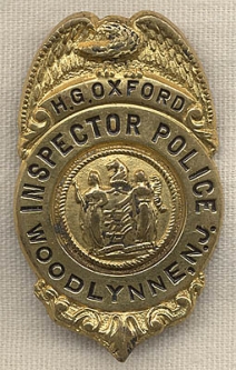 1920s-30s Woodlynne, New Jersey Police Inspector Badge of H. G. Oxford