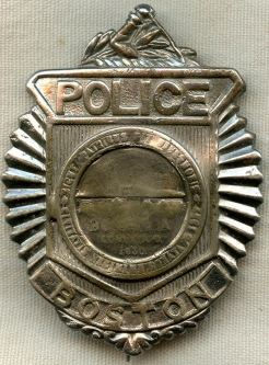 Rare Ca. 1920 Boston Police Patrolman Badge in the 'Clamshell' or 'Sunburst' Radiator Style