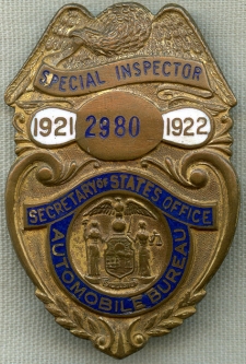 Nice 1921 - 22 New York Automobile Bureau Special Inspector Badge