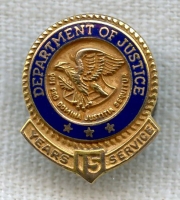1940s 10K Gold 15 Years of Service Pin for Department of Justice (DOJ)