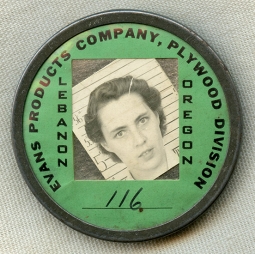 Great 1943 Woman War Worker Photo ID Badge of Ruth Lee from Evans Products Co., Plywood Division