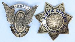 Wonderful 1920s Santa Cruz CA Police Traffic Officer Breast & Hat Badge