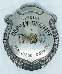 Nice ca 1936 - 1941 San Diego Co CA Special Deputy Sheriff Badge # D-80