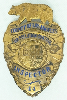 Rare Late 1940s Los Angeles County Air Pollution Control Inspector Badge #44 by Entenmann