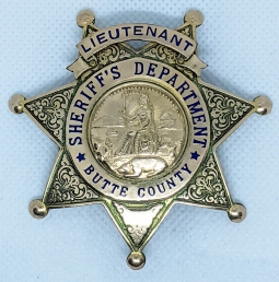 Gorgeous Old 1930s Butte Co CA Sheriff's Lieutenant Badge in 10K Gold Fill by Ed Jones Co