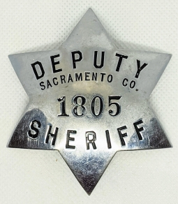 WWII Era Sacramento Co California Deputy Sheriff Large 6 pt Star Badge by Sleeper