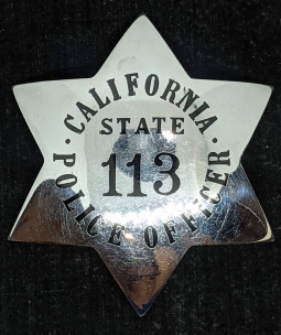 Rare 1930s California State Police Officer 6 pt Star Badge #113