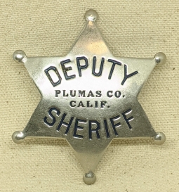 Great Old 1930s Plumas County CA Deputy Sheriff 6pt Star Badge by LAS&SCO