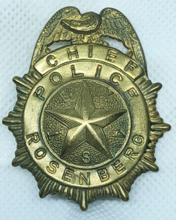 Great Ca 1930s-40s Rosenberg, TX Police Chief Badge Gold-Plated Brass