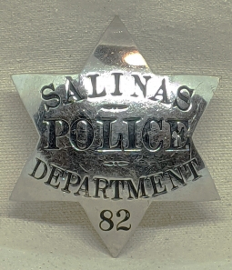 Nice Large 1940s Salinas CA POLICE 6 Point Star Badge #82