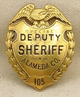 Nice Old 1920s-Early 30s Alameda Co CA Special Deputy Sheriff Badge #105 in Gold Plate by Ed Jones