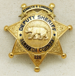 Stunning Ca 1950 Alameda Co CA Deputy Sheriff Badge, Named and with Engraved Embellishments