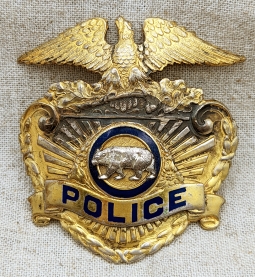 Nice Old 1940s - 50s Gilt Sterling California Police Hat Badge by Entenmann Heavy