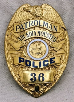 Huge & Beautiful Arcadia CA Mounted Police Patrolman Badge #36 by Entenmann ca early 1950s