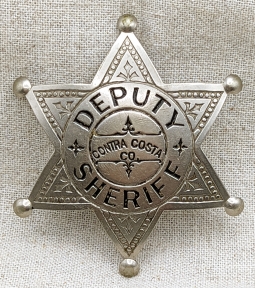 Beautiful 1910s-1920s Contra Costa Co CA Deputy Sheriff 6 pt Star "Baseball" Badge by Chipron