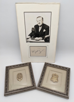 Framed Set SAPD & SAFD Honorary Chief Badges, ca 1935 Award to "Major Bowes" w/Photo & Autograph