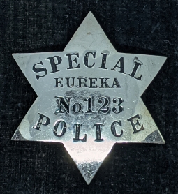 Nice Old 1920s Eureka CA Special Police 6pt Star Badge by Patrick & Co