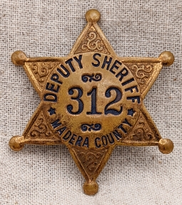 Great Old Madera Co CA Deputy Sheriff 6 pt Star Badge #312 in Gilt Brass by LAS&S Late 1930s