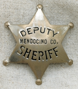 Nice Old 1910s-1920s Mendocino Co CA 6pt Star Deputy Sheriff Badge by Ed Jones