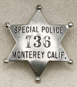 Late 1930s Monterey CA Special Police 6 pt Star Badge #136 by LAS & S