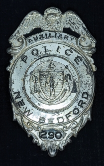 WWII era New Bedford MA Auxiliary Police Badge #290 in Wartime shortages Silver Plated Steel