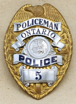 Beautiful Old 1930s-1940s Ontario CA Police Patrolman Badge #5 by Entenmann