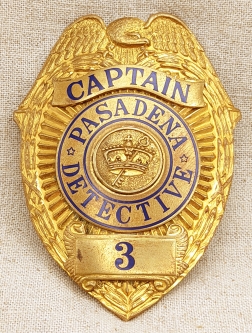 Gorgeous & Huge ca 1930s Pasadena CA Police Captain of Detectives Badge #3 by C Entenmann