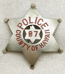 Great Old WWII County of Hawaii 6 point Star Police Badge #87