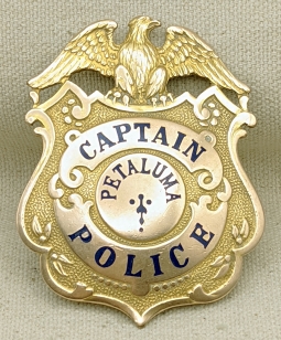 Stunning 1920s Gold Front Petaluma Captain Badge by Ed Jones