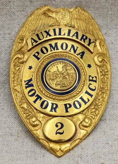 Beautiful Late 1930s Pomona CA Auxiliary MOTOR POLICE (Motorcycle) Badge #2 by LAS&S