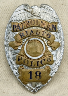 Salty Old mid-1950s Rialto CA Police Patrolman Badge #18 by Entenmann