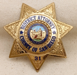 Late 1960s San Diego Co CA District Attorney Badge #31 by Entenmann Rovin