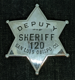 Beautiful Old 1910s-1920s San Luis Obispo Co CA Deputy Sheriff 6pt Star Badge by Irvine & Jachens