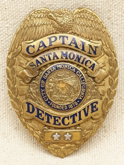 Wonderful Ca 1936-39 Santa Monica CA Police Captain of Detectives Badge with presentation engraving