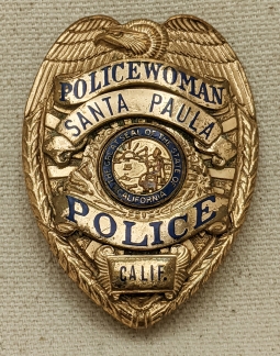 Wonderful Mid 1950s Santa Paula CA Policewoman Badge by Entenmann Only one the city ever had