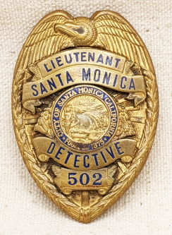 Great 1940 Santa Monica CA Police Detective Lieutenant Badge #502 by LAS & S