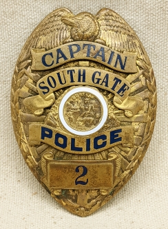 Wonderful Late 1920s South Gate California Police Captain Badge #2 by Carl Entenmann JLY.Co