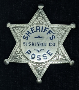 Nice 1920s-30s Siskiyou Co CA Sheriff Posse 6 pt Star Badge by Ed Jones