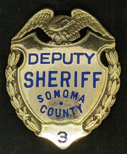 Beautiful 1920s - 30s Gold Filled Sonoma Co CA Deputy Sheriff Badge #3 by Irvine & Jachens