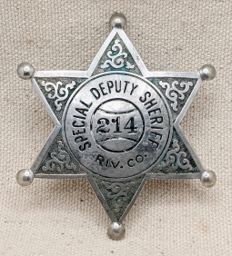 Nice Old 1910s-20s Riverside Co CA Special Deputy Sheriff 6pt Star "Baseball" Style Badge by Chipron