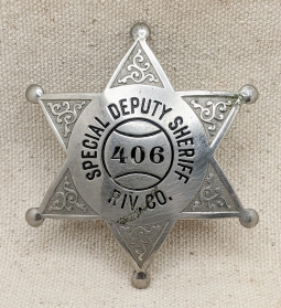 Nice 1920s-30s Riverside Co CA Special Deputy Sheriff "Baseball" Style Badge by LARSCO