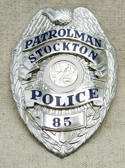 Nice 1950s Stockton CA Police Patrolman Badge #85 by LAS&S Exc. Condition