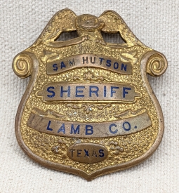 Great ca 1939 Sheriff of Lamb County Texas Badge Named to Sam Hutson Sheriff from 1939 to 1944